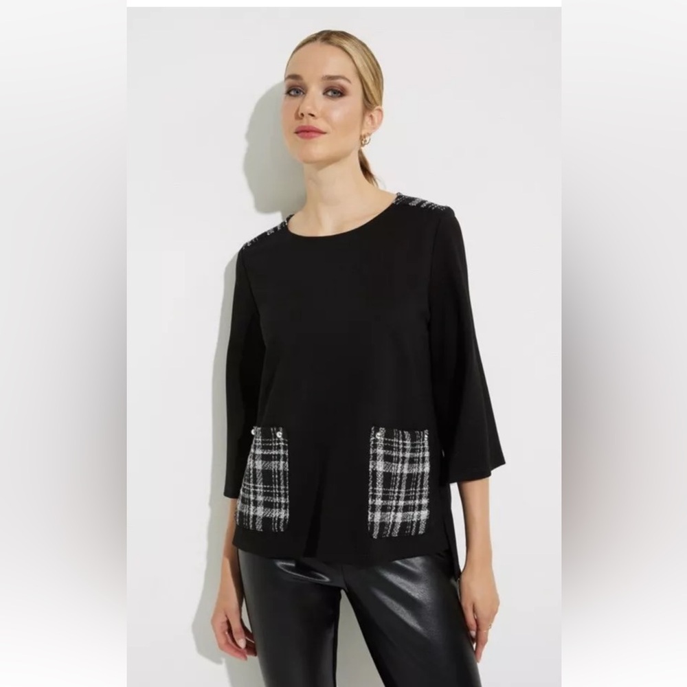 Joseph Ribkoff Black Drop Shoulder 3/4 Sleeves Top Size 10, Plaid Pockets